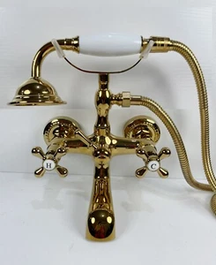 Wall installation Gold Brass Bathtub Faucet Shower Set White Ceramic Handheld - Picture 1 of 8