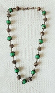 Necklace ~ Filigree Silver Tone Metal ~ Green Opaque Glass Beads ~ Czech Bohemia - Picture 1 of 6