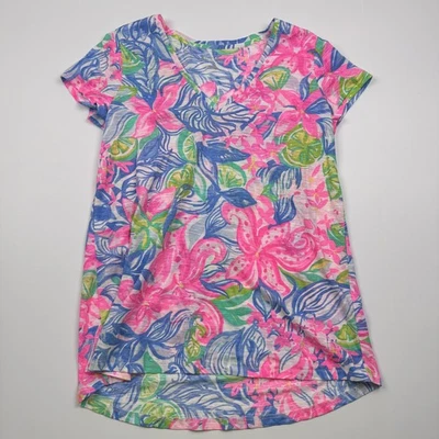 Camisa Lilly Pulitzer Mujer Pequeña Rosa Azul Verde Floral Cuello en V Algodón Camiseta Foto 1 de 4