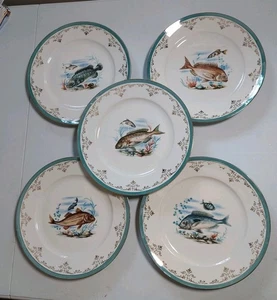 Set di 5 piatti vintage scene di pesce con fascia teal bordo oro Baviera 10,25" - Foto 1 di 24