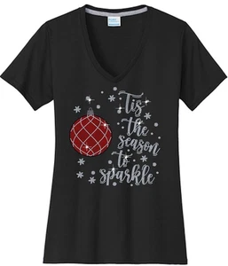 Christmas Ornament Tis The Season Women's Shirt Ladies V-neck Bling Sparkle - Foto 1 di 11