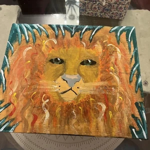 Original Painting On Wooden Panel King Of The Jungle Lion Naive Art - Picture 1 of 17
