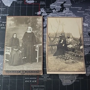 Lot of 2 Cabinet Card Photographs Slovakia Nun Sister Catholic Praying Graves ID - Picture 1 of 8