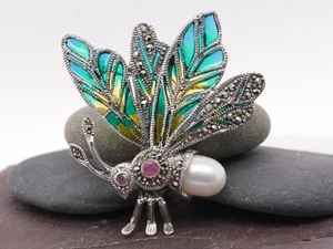 Plata de Ley Plique-à-jour Esmalte Rubí Perla Marcasita Broche Mariposa - Imagen 1 de 4