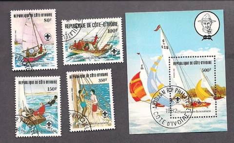 #631-635 Ivory Coast Stamps- Boy Scouts- 4 stamps and Souvenir Sheet Cover