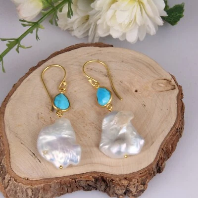 Fresh Water Pearl 18k Gold Plated Earrings Sterling Silver Wedding Gift Earrings - Image 1 of 4