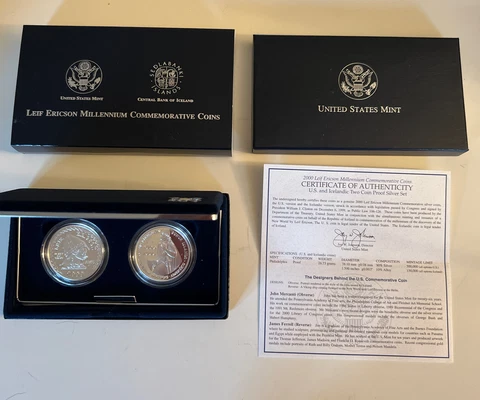 2000 P Leif Ericson Millennium Proof Two-Coin Commemorative Set Coins Box & COA Cover