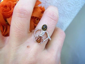 GORGEOUS MODERNIST 925 SOLID STERLING SILVER GREEN & HONEY AMBER RING SIZE S 9 - Picture 1 of 8