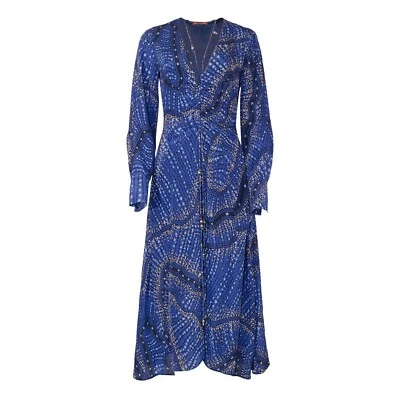 Altuzarra Silk Dress 36 Blue Asymmetric Mila Ruched Long Sleeve Printed Midi - Image 1 of 4
