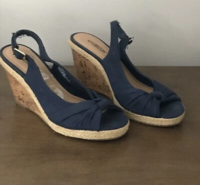 Seychelles Women’s Navy Sling back Open Toe Cork Wedge Shoes Size 7.5 Preowned - Image 1 of 4