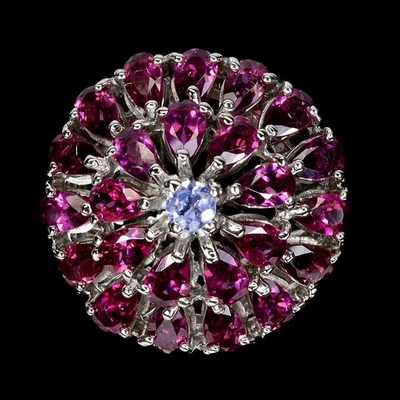 925 Sterling Silver Ring Pear Rhodolite Garnet Tanzanite Natural Gemstone Jewelr - Image 1 of 4