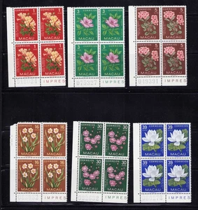 Macao 372-374, 376-378 Flower Corner Blocks of 4 Stamps MNH 1953 - Picture 1 of 2