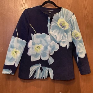 Linda Allard Ellen Tracy Blue Floral Print Zipper Front Jacket Blazer Size 10 - Picture 1 of 3