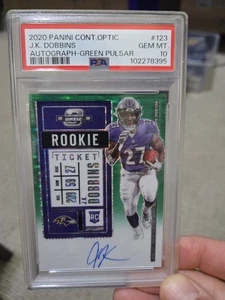 2020 Contenders Optic JK Dobbins Rookie Auto Green Pulsar Prizm RC #12/27 PSA 10 - Picture 1 of 3