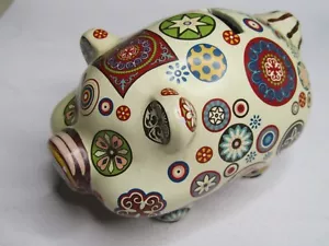 Salvadanaio in ceramica dipinto 5" avorio colorato con forme multicolore con tappo - Foto 1 di 8