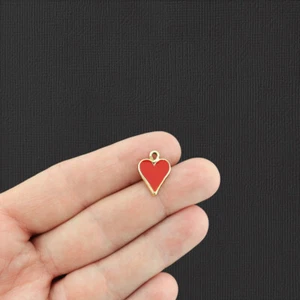 5 Red Heart Gold Tone Enamel Charms - E490 - Picture 1 of 2