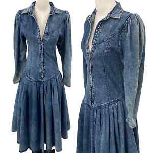 Vintage 80s Acid Wash Denim Midi Fit & Flare Dress Button Up Cotton Midi Blue 0