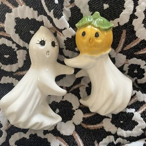 Vintage Set Halloween Geist & Kürbis Keramik Kerzenhalter Urlaub Dekor gruselig - Bild 1 von 3