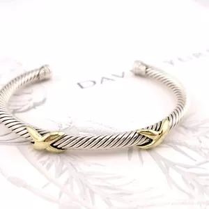 David Yurman Sterling Silver & 14k Yellow Gold 5mm Double X Cuff 7" in Bracelet - Picture 1 of 11