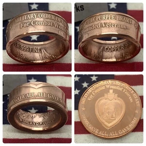 Corazón púrpura 1oz Anillo de monedas de cobre Veterano herido de combate - Imagen 1 de 7