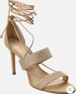 Schutz Sybil Lace Up Leather Heels Sandal Women's 6 Tan Rhinestone - Picture 1 of 7
