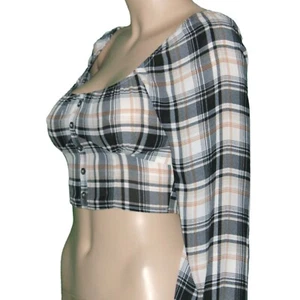 Ladies Puff Sleeve Crop Top plaid checked NWT - Picture 1 of 14