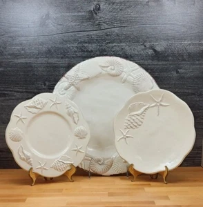 Laguna Coastal White Plate Set Embossed Ceramic Sea Shells Star Fish Blue Sky - Picture 1 of 8