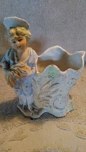 Antique Bisque German Victorian Girl and Reeds Porcelain spill Vase. - Picture 1 of 9