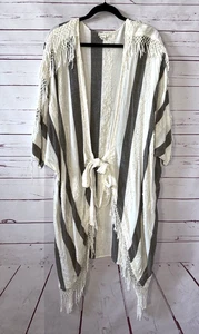 LAISE ADZER One Size Rayon Knit Macrame Fringe Duster Sweater Cream Vintage - Picture 1 of 15