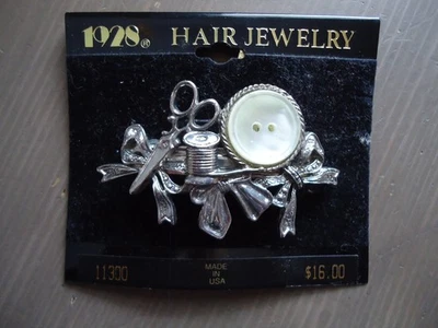 New Vintage 1928 Brand Hair Jewelry Silver tone Sewing Themed Hair Clip 2.5" - Image 1 of 4