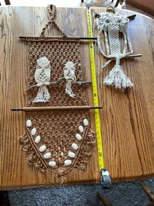 Pair of Vintage 1970 Macrame Owl Wall Art Hanging Boho Mid Century - Picture 1 of 12