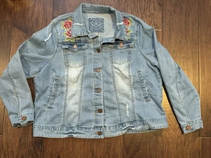 ODYN Damen Distressed Jeansjacke blau, Rosenstickerei Gr. XXL - Bild 1 von 6
