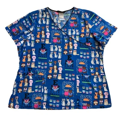 Cherokee Scrub Top Womens XL Dog Cat Eye Chart Optometry Vet 100% Cotton CK614 - Image 1 of 4