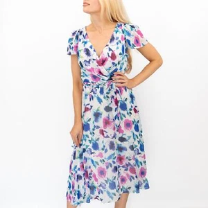 DKNY Womens Midi Dress Floral Flutter Sleeve Zip Faux Wrap Lined Wedding Party - Picture 1 of 10