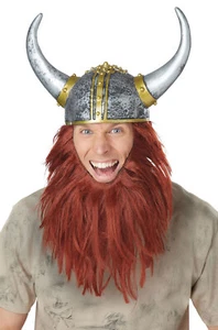 Viking Horns Warrior Helmet and Beard Strap Costume Adult Men Kit - Picture 1 of 1