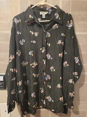Blusa informal Corner And Co 100 % seda talla L camisa vintage flores florales negra Foto 1 de 4