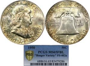 1950 50C PCGS MS65FBL BOOGER FS-402A FRANKLIN ~ GORGEOUS LUSTER & ORIGINAL COLOR - Picture 1 of 6