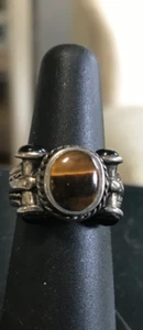 VINTAGE SILVER 925 SQUARE DESIGN TIGER EYE WITH ACCENT BALCK ONYX RING SIZE 6 - Picture 1 of 11