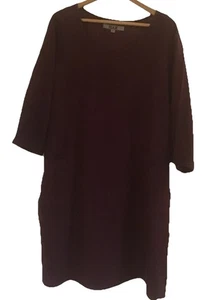 Flax Linen Dress 3/4 Sleeve Pockets Lagenlook Oversized Midi Sz Lg Maroon Fall - Picture 1 of 11