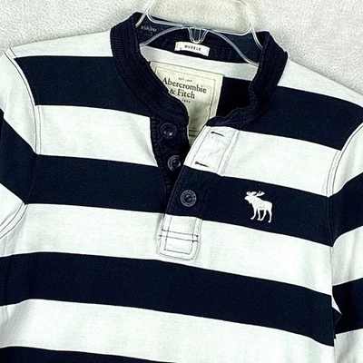 Camisa De Colección Y2K Abercrombie & Fitch Muscle Henley Para Hombres M Azul Marino Blanco Rayas Alce Foto 1 de 4