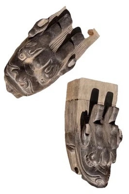 PAR de caños fuente Okinawa Stone Dragon—cabezas Ryukyu Shisa, 45 lb cada uno Foto 1 de 4