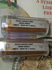 2010 D & P U.S. Union Shield Lincoln Cent 2 Rolls First Year ANACS MS65 RED - Picture 1 of 5