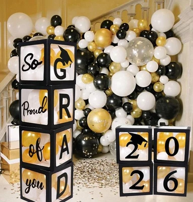 2025 2026 Decoraciones de graduación suministros de fiesta, 4 piezas cajas de globos negros... Foto 1 de 4