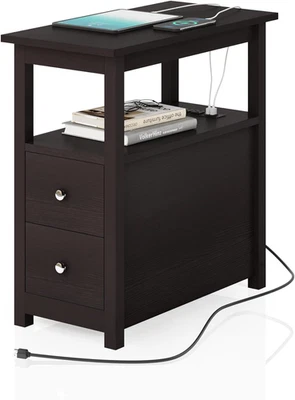 3-Tier Side Table Slim Sofa End Table with 2 Drawers and 1 Open Shelf Narrow Spa - Image 1 of 4