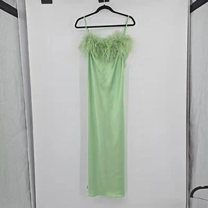 Sleeper Boheme Slip Midi Dress Women Ostrich Feathers In Mint Boho Preppy Size L - Picture 1 of 11