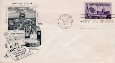 USPS Scott #957 Wisconsin Statehood 100th Anniversary  1948  ArtCraft FDC ST3290 - Image 1 of 3