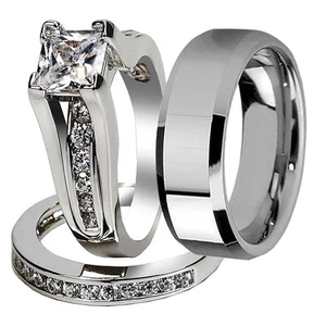 Nice 3 Pcs Her & His Stainless Steel Couple Wedding Engagement Ring Band Set - Picture 1 of 9