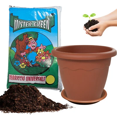 DUPLAST Vaso Vulcano Rotondo + Sottovaso con Terriccio Plastica Terracotta Resistente UV