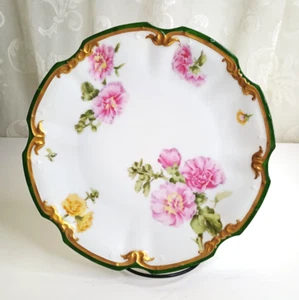 T&V LIMOGES Plato Pintado a Mano Rosas Rosas Borde Festoneado Borde Dorado 9 1/2" - Imagen 1 de 7