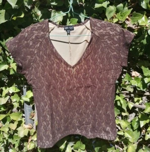 🧡 Mango Night Vintage 90s Size XS / S Brown Beige Floral Lace Lined Top - Picture 1 of 7